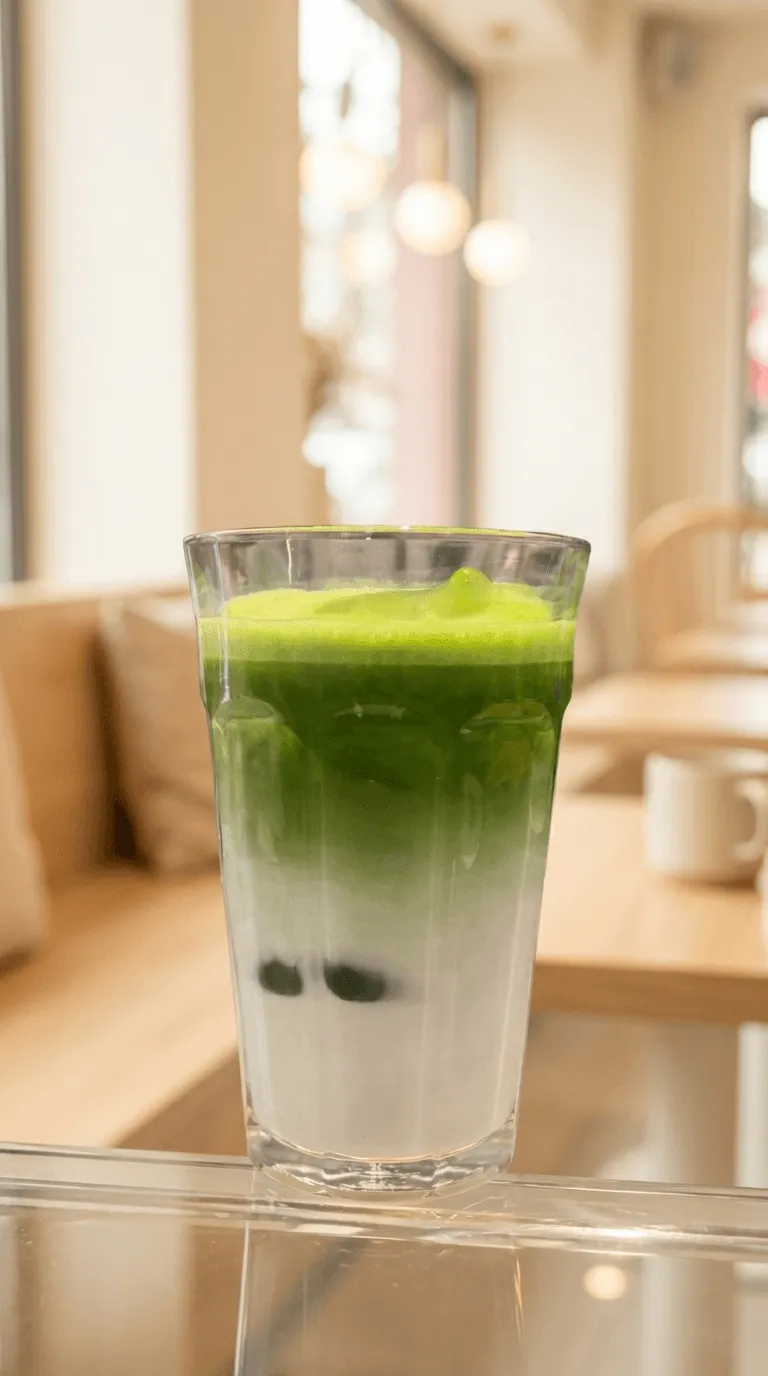 Iced matcha latte de elaboración propia, capas de matcha y leche